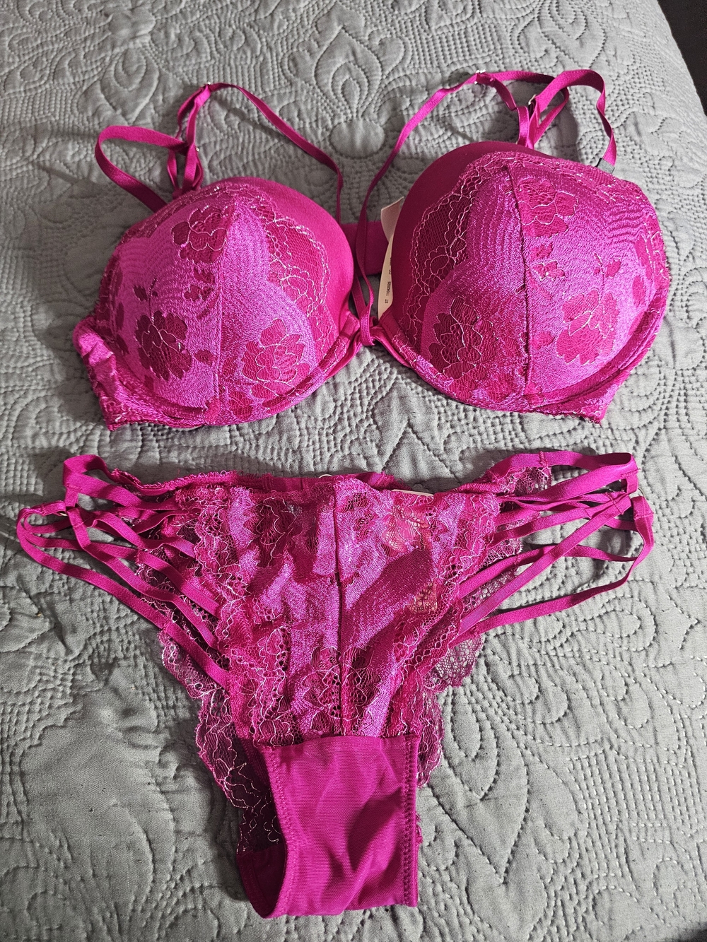Victoria's Secret Hot Pink Lace Bra & Strappy Bikini Panty Set